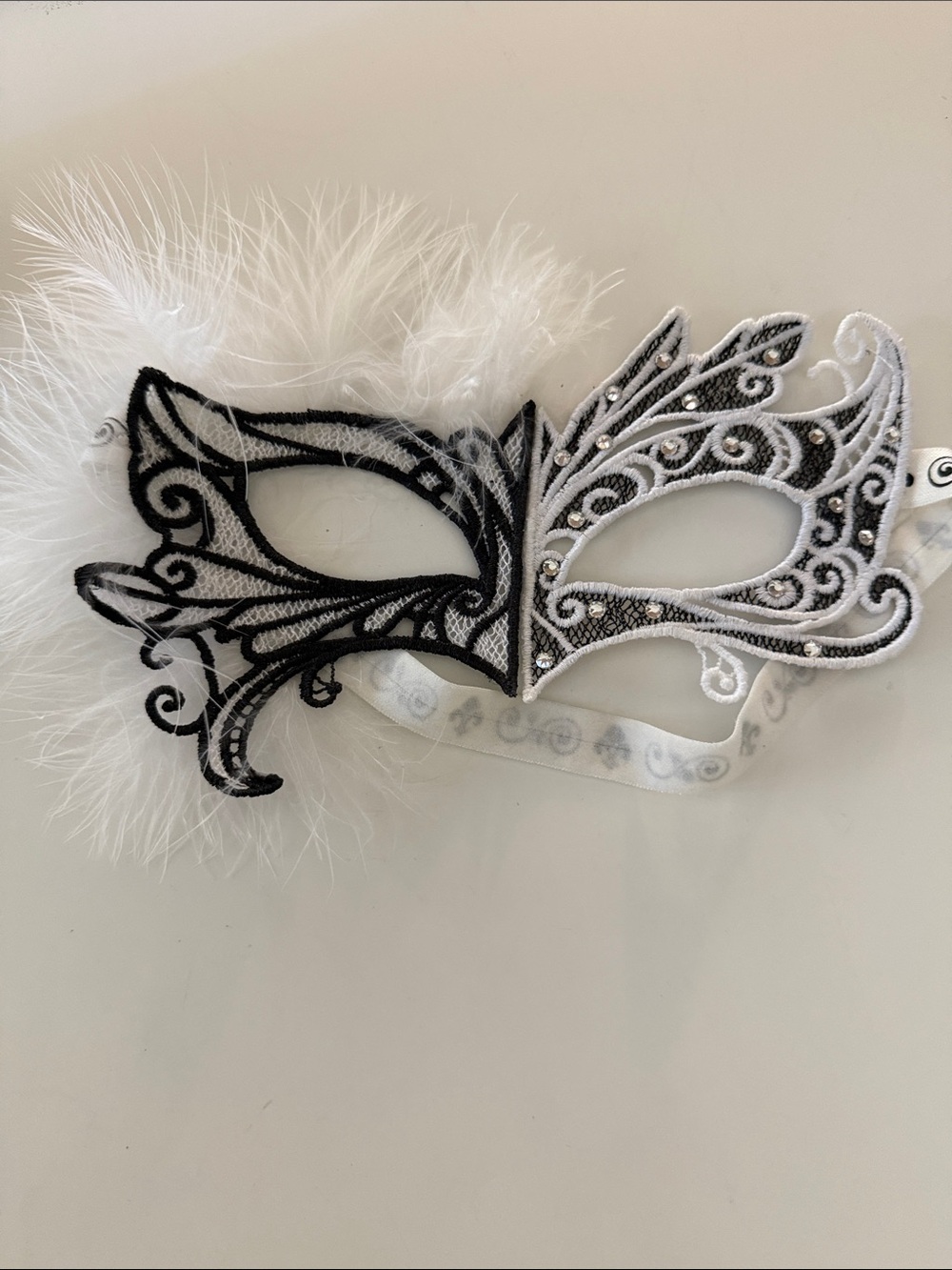 Handmade Swarovski Crystal Feather Masquerade Mask PHANTOM BLACK AND WHITE